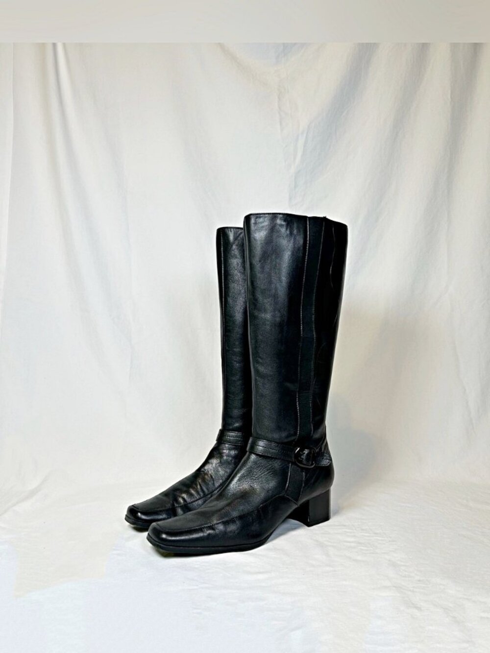 Vintage St Johns Bay Tall Black Leather Square Toe Knee High Zip Riding Boots~9~
